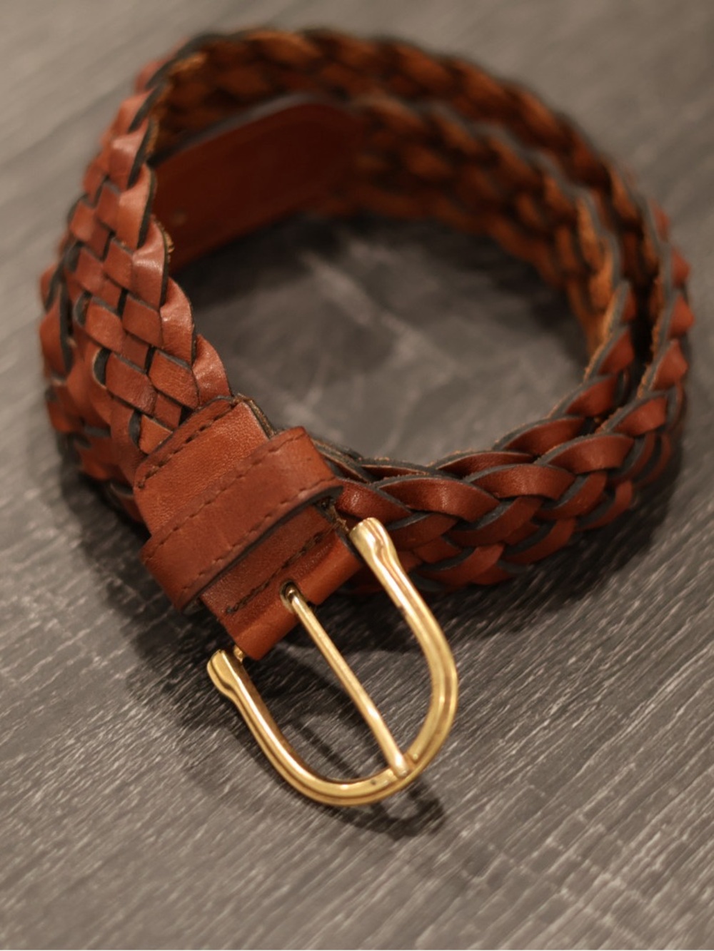 Brown Braided Genuine Leather Belt Brass Buckle Size S